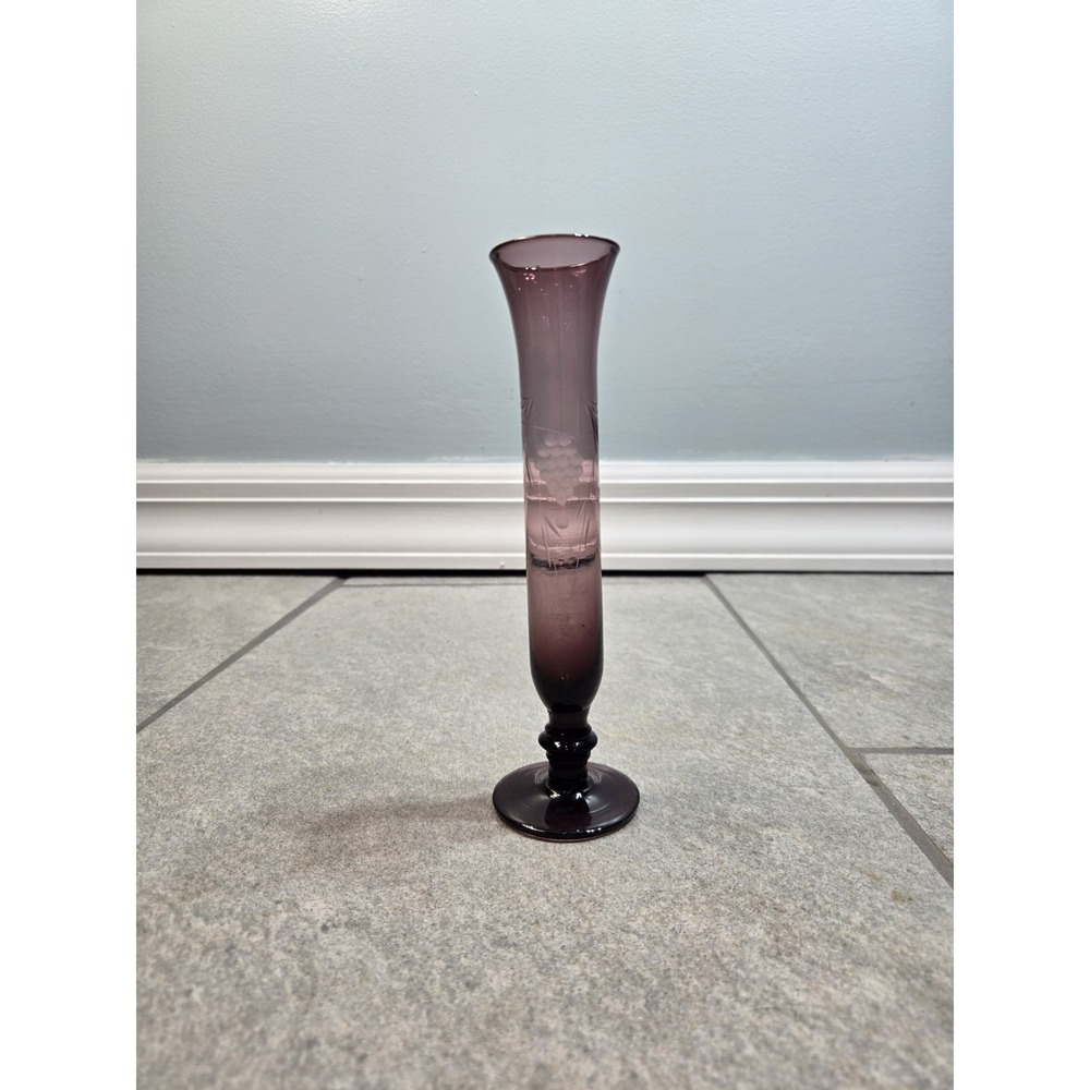 Vintage Purple Amethyst Blown Glass 8" Bud Vase Etched Cut Dot & Leaf Pattern